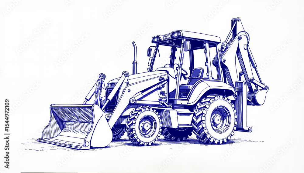 Naklejka premium Vintage sketch of a construction tractor in blue ink on white background 