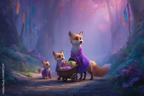Fox family enjoys a magical afternoon stroll through a colorful enchanted forest filled with flowers and banners