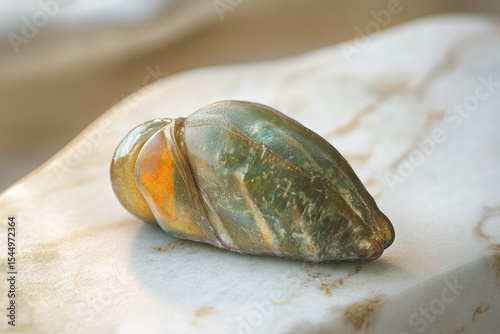 Close-up of a chrysalis, a pupa stage of insect metamorphosis, showcasing its iridescent colors and texture.