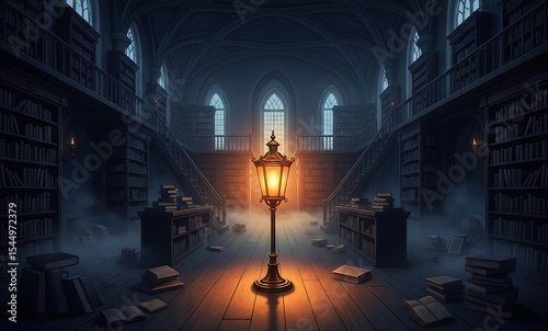 A mystical gothic library scene illuminated by a warm lamplight casts enchanting shadows on countless bookshelves and scattered volumes
