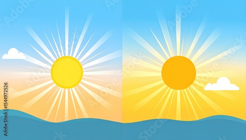 Bright sun illustration over calm waves with a clear blue sky.