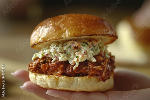 Delicious pulled pork slider topped with creamy coleslaw on a soft bun.