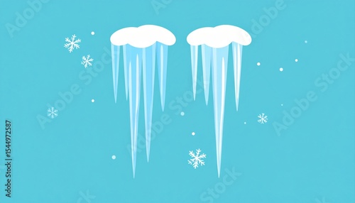 Icicles hanging from clouds against a blue background with snowflakes.
