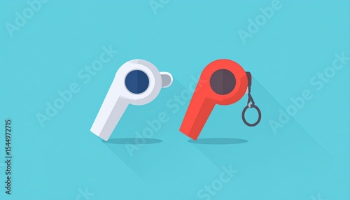 Wireless earbuds in red and white on a blue background.