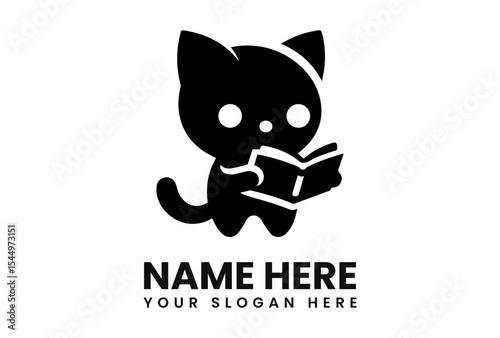 Adorable cartoon cat engrossed in reading a book, perfect for a logo or brand.