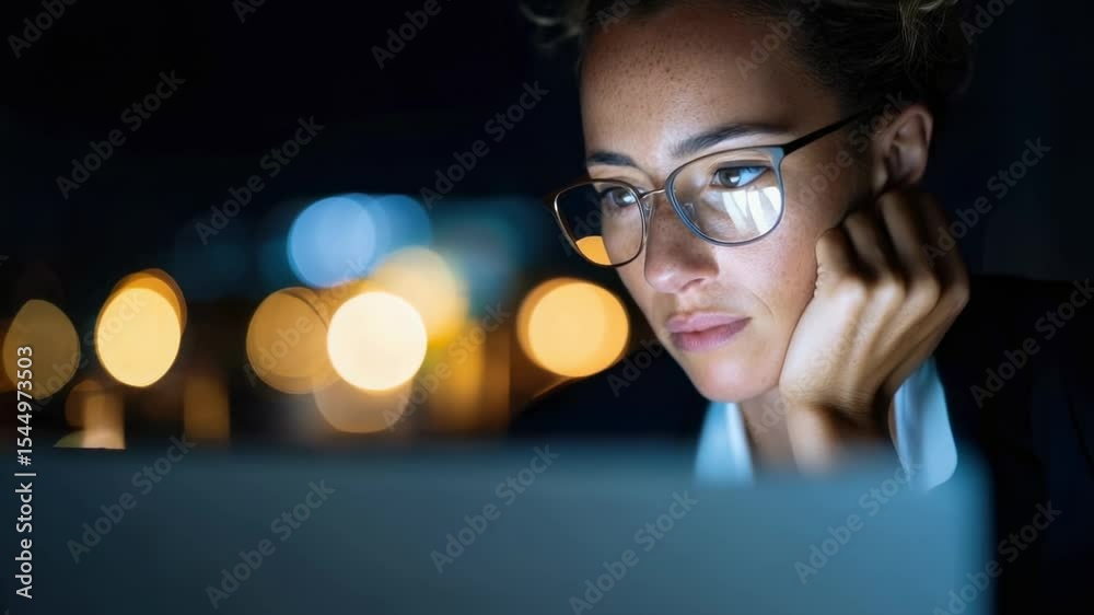 Focused woman works late at night on laptop amid soft glow of city lights while deep in thought about her project