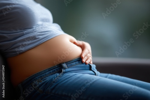 Pregnant woman in casual outfit sitting, belly with hand support, relaxed mood