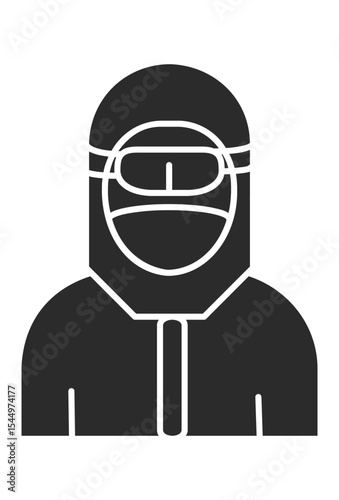 Person in protective suit, goggles, and mask.
Icon of individual wearing personal protective equipment.
