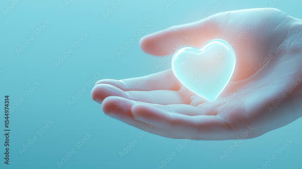 Fototapeta premium Glowing heart in hand against soft blue background symbolizing love and care