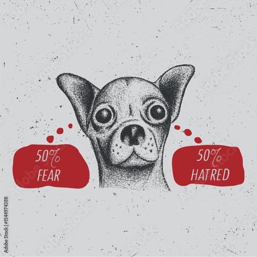 Sketch-style illustration of a dog's face, Humorous Illustration of Dog with Fear and Hatred Emotions