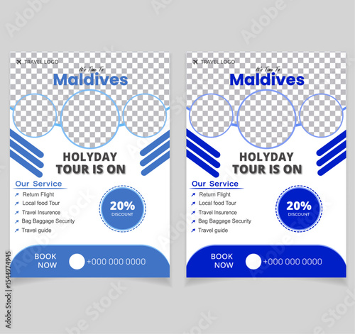 Template design for a modern travel flyer with venue and contact details. Promotional design for summer travel agencies.