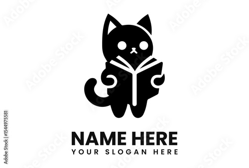 A stylized black cat, standing upright, engrossed in reading a book, with text below.