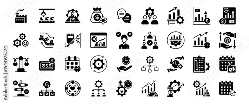 Black Glyph Icons Collection Business Process Management Workflow