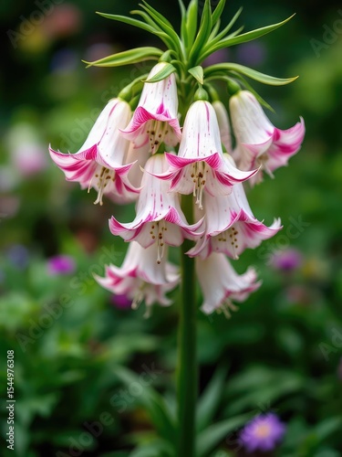 Close up of nodding lily flowers with white petals and pink edges in a green garden setting outdoors