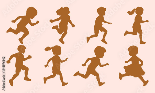 Children kids silhouette set. Children playing runing silhouette collection. Vector illustrator. 