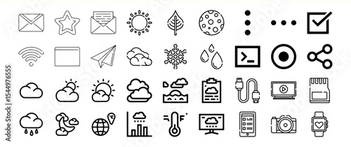 Black Line Icon Collection of Weather Technology and Communication Symbols