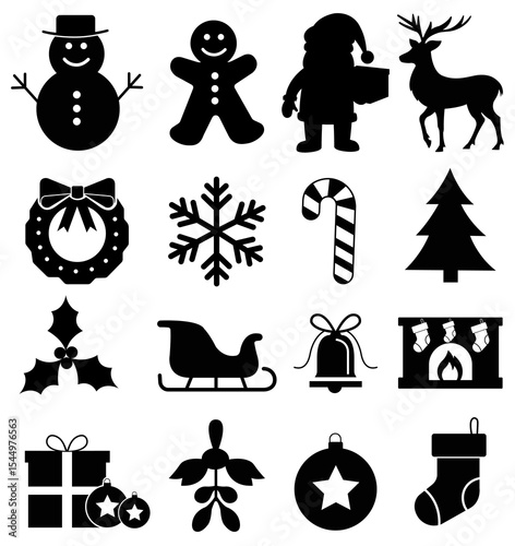 A collection of black silhouette christmas icons isolated on white background. Vector illustration.