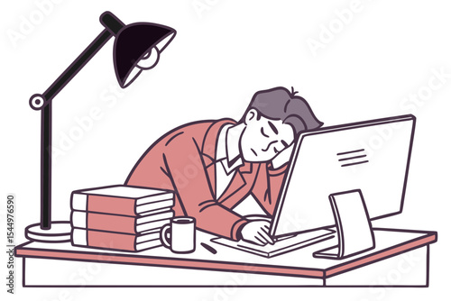 Overworked Man at Work Desk Art
