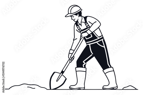 Worker Digging Scene Line Drawing