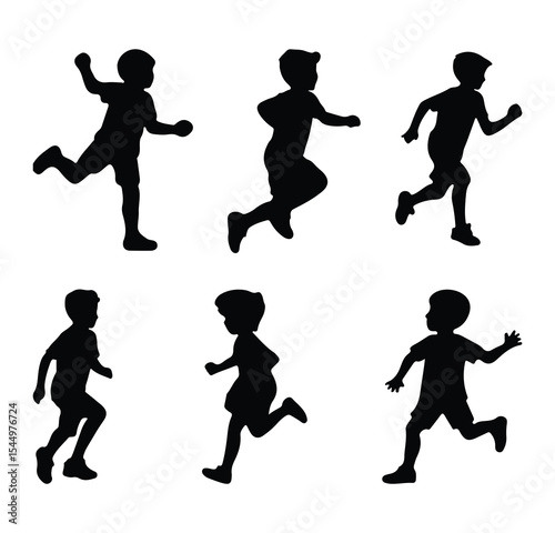 Joyful children playing, walking, and having fun silhouette vector set. silhouette kids playing. Kids jumping silhouette. Vector illustration. 