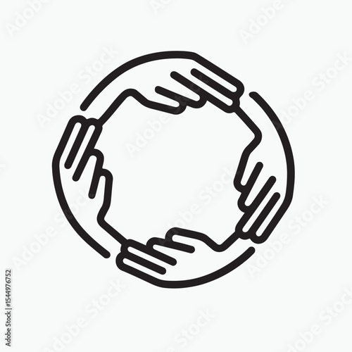 Icon of a group of stylized hands reaching in to hold each other, forming a circle of unity. Symbolizing collaboration and community assistance. Minimalist black outline vector art, pictogram, isolate