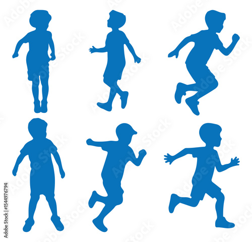 Children kids silhouette set. Running boy silhouette in blue color. Running kid child silhouettes collection. Vector illustration. 