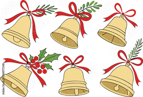 Christmas bells collection with festive ribbon and holiday elements. Elegant Christmas bells set featuring golden tones and decorations. Creative Christmas bells illustration set with ornaments