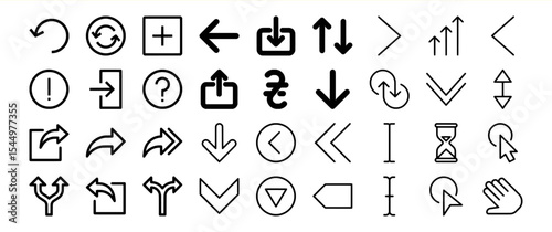 Collection of Black Arrow Icons and Symbols on White Background