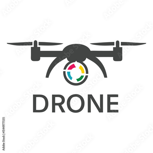 Gray Drone Silhouette with Colorful Circular Camera Lens Graphic Design Element Technology Icon