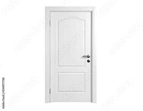 White interior door with metal handle and panel design isolated on transparency background