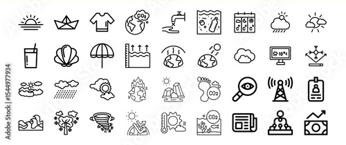 Collection of Black Line Icons Climate Change Global Warming Weather