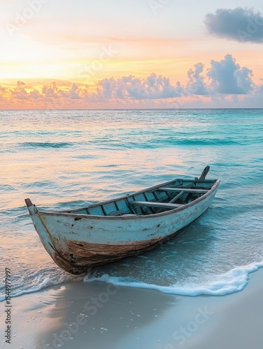 detailed color picture of boat near the beach when the sun goes down