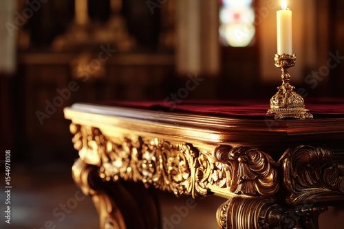 Ornate golden altar table with a lit candle, showcasing intricate carvings and a luxurious, religious setting.