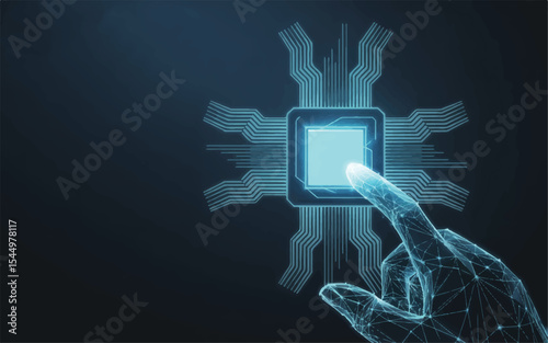 Futuristic Technology Digital Hand Interacting with Microchip