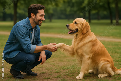 Man shaking hands with his golden retriever dog in a park
