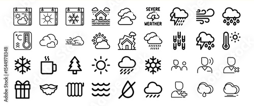 Collection of Black Line Weather Icons and Symbols