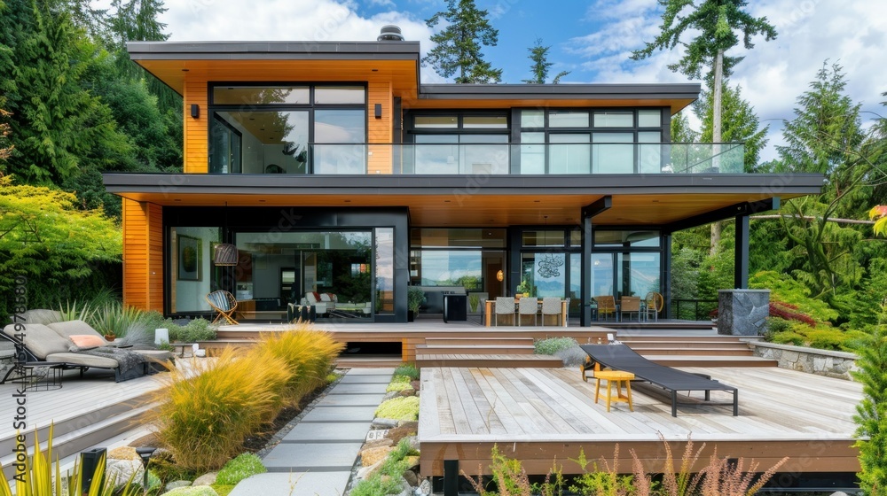 Fototapeta premium Modern house in Canada with scenic surroundings and large deck stock photo --ar 16:9 --raw --v 6 Job ID: 972637e3-cd6c-4c6b-844f-bd6c179b4459