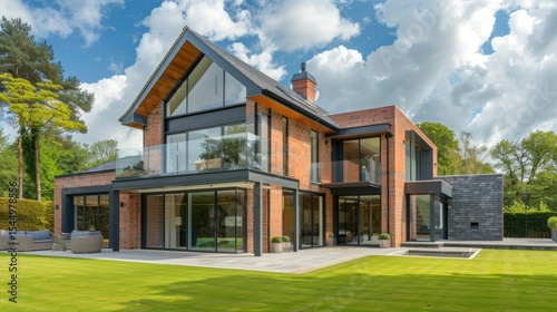 Modern house exterior in the UK with brick and glass design stock photo --ar 16:9 --raw --v 6 Job ID: 1a7fa115-2b48-47d2-905e-bfa909c66ceb