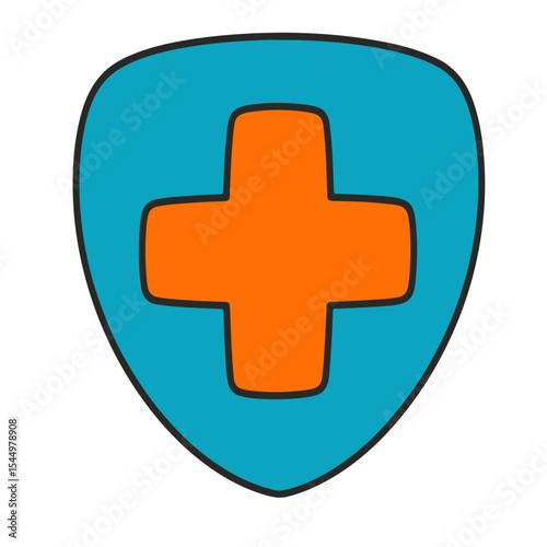 A teal shield-shaped graphic with a prominent orange cross, symbolizing healthcare or medical services.
