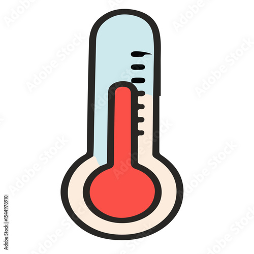 Illustration of a thermometer showing a high temperature reading with red liquid.