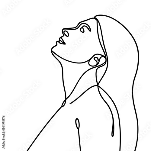 Woman looking up line art illustration.  Elegant female portrait with long hair gazing at sky. Simple continuous line drawing perfect for modern design projects.