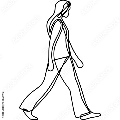 Woman walking line art illustration. Person walking design shows stylish female figure in pants strolling. Simple continuous line drawing of person walking perfect for fashion design, website banners.