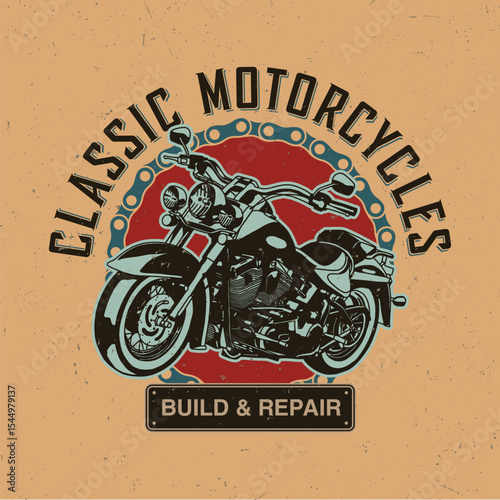 Vintage motorcycle repairing Logo design, Retro Poster,  Vector Art of motorcycle with Grunge 