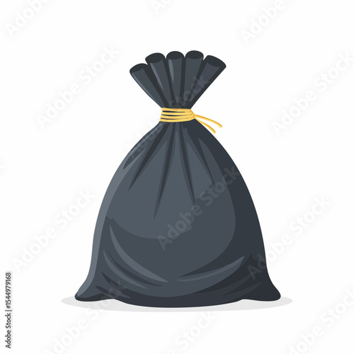 Black Garbage Bag: A dark grey garbage bag tied with a yellow string, ready for disposal.  Simple, clean illustration.