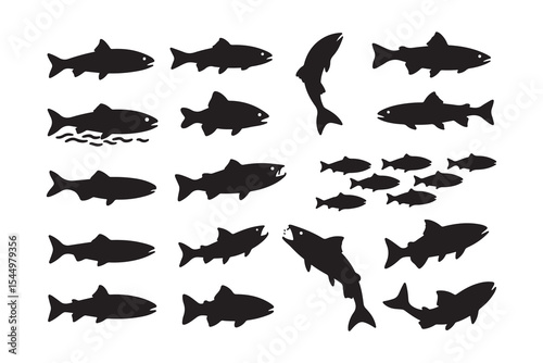 Collection of fish silhouettes isolated on white background