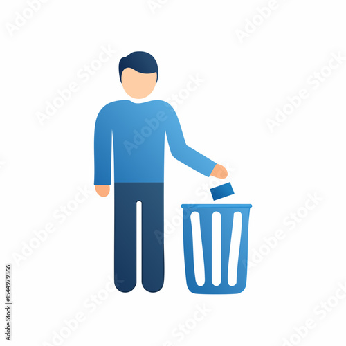 Eco-Conscious Act: An illustration of a person is shown conscientiously disposing of waste, placing a piece of paper into a blue trash can.
