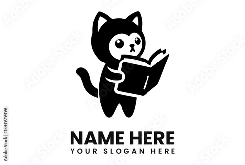 Cute black cat logo holding an open book, simple design, for a business or brand.