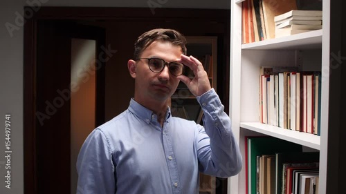Professor posing near bookshelves in university library