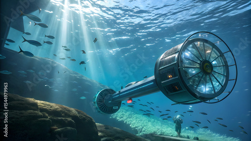 A futuristic underwater scene showcasing innovative water turbine technology in action, generating clean energy within a dynamic aquatic environment