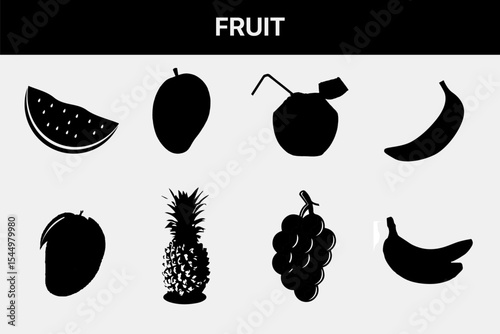 Summer fruit silhouette, vector set.